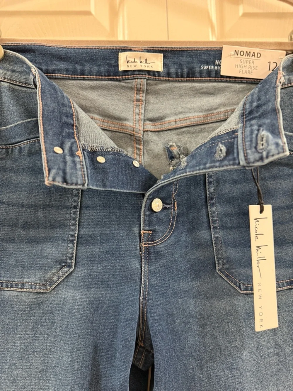 Nicole Miller Nomad Super High Rise Flare Jeans Size 12, Medium Wash NWT Stretch - Picture 6 of 10